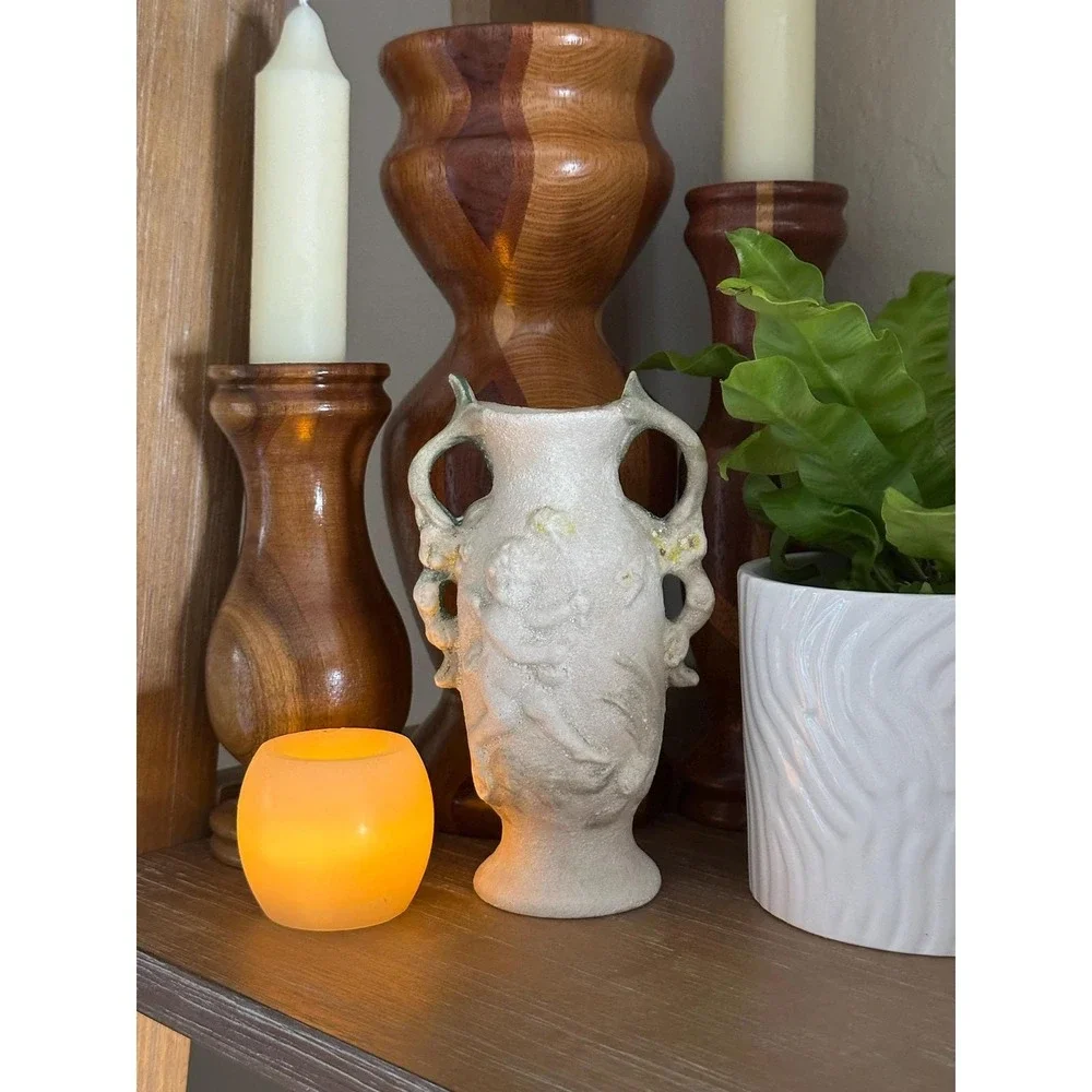 Vintage MAM Hand Signed Cherub Sand Textured Pottery Vase Cream Green 6in